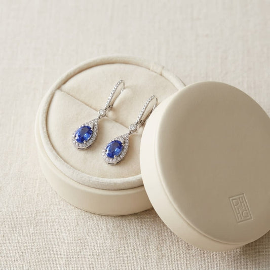 Tanzanite And Diamond Pave Drop Earrings in 14K White Gold, in navy velvet jewelry box