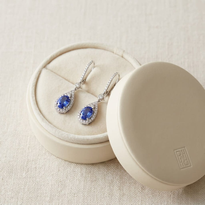 Tanzanite And Diamond Pave Drop Earrings in 14K White Gold, in navy velvet jewelry box
