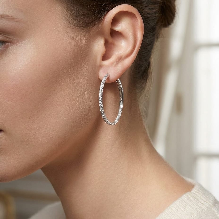 Diamond Pave Inside-out Hoop Earrings With Secure Closure in 14K White Gold, worn close-up portrait