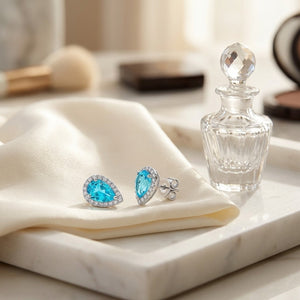 Blue Topaz & Diamond Halo Teardrop Earrings 0.18ctw in 14K White Gold - lifestyle