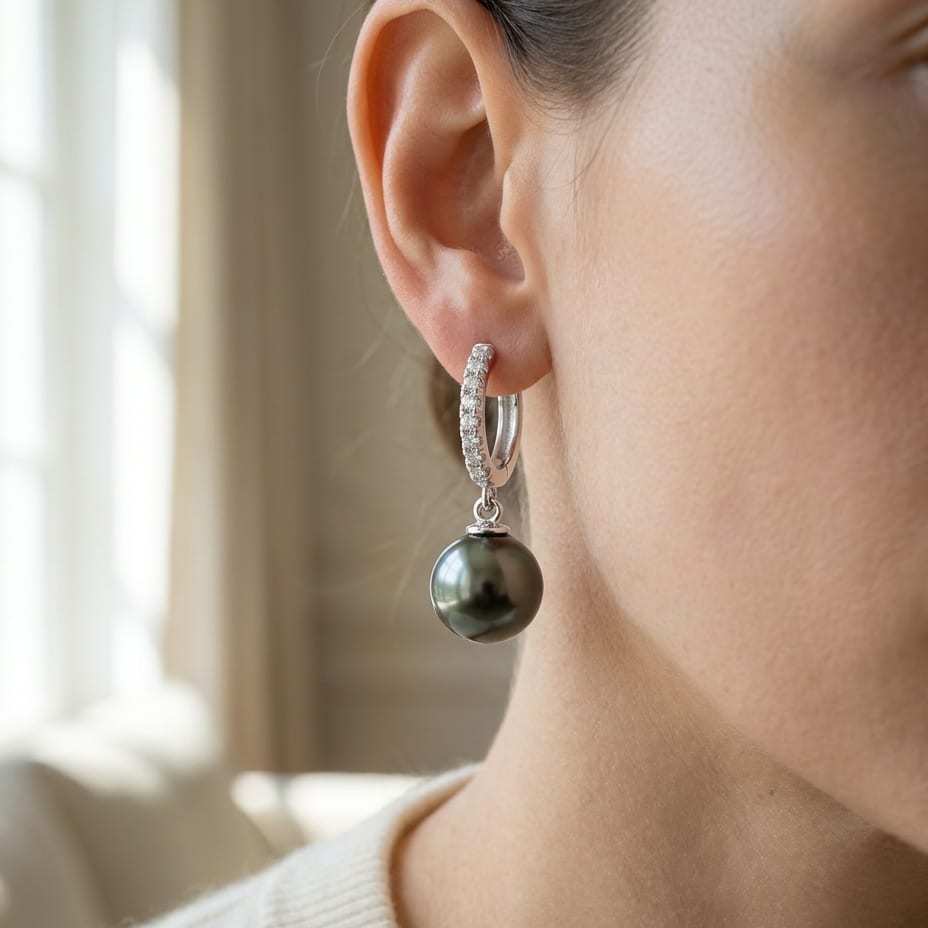 Black Pearl And Diamond Straight Dangle Earrings With Huggie Closures in 14K White Gold (8.0-8.5mm) (si), worn close-up portrait
