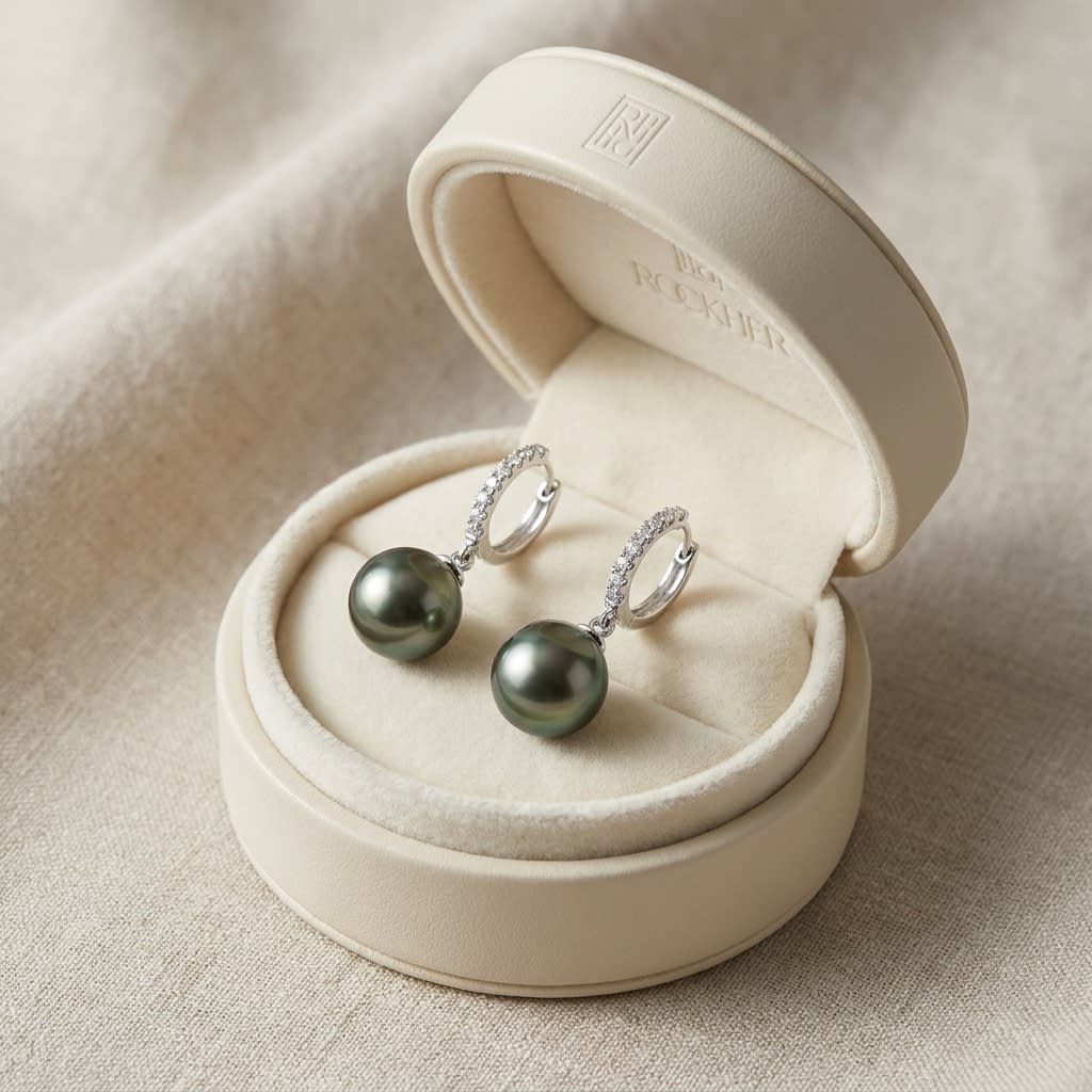 Black Pearl And Diamond Straight Dangle Earrings With Huggie Closures in 14K White Gold (8.0-8.5mm) (si), in navy velvet jewelry box