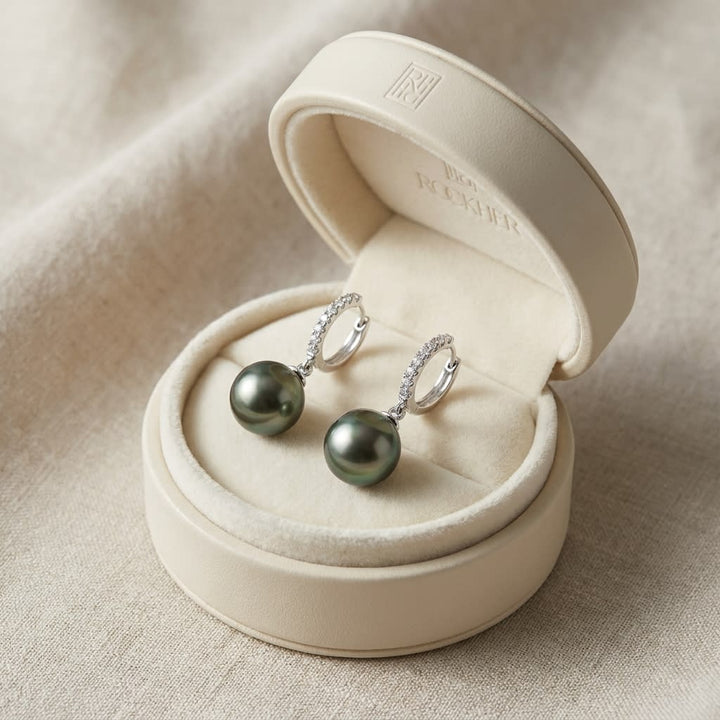 Black Pearl And Diamond Straight Dangle Earrings With Huggie Closures in 14K White Gold (8.0-8.5mm) (si), in navy velvet jewelry box