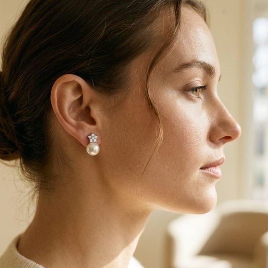 White Pearl & Diamond Earrings with Star Pave Post in 14K White Gold - editorial