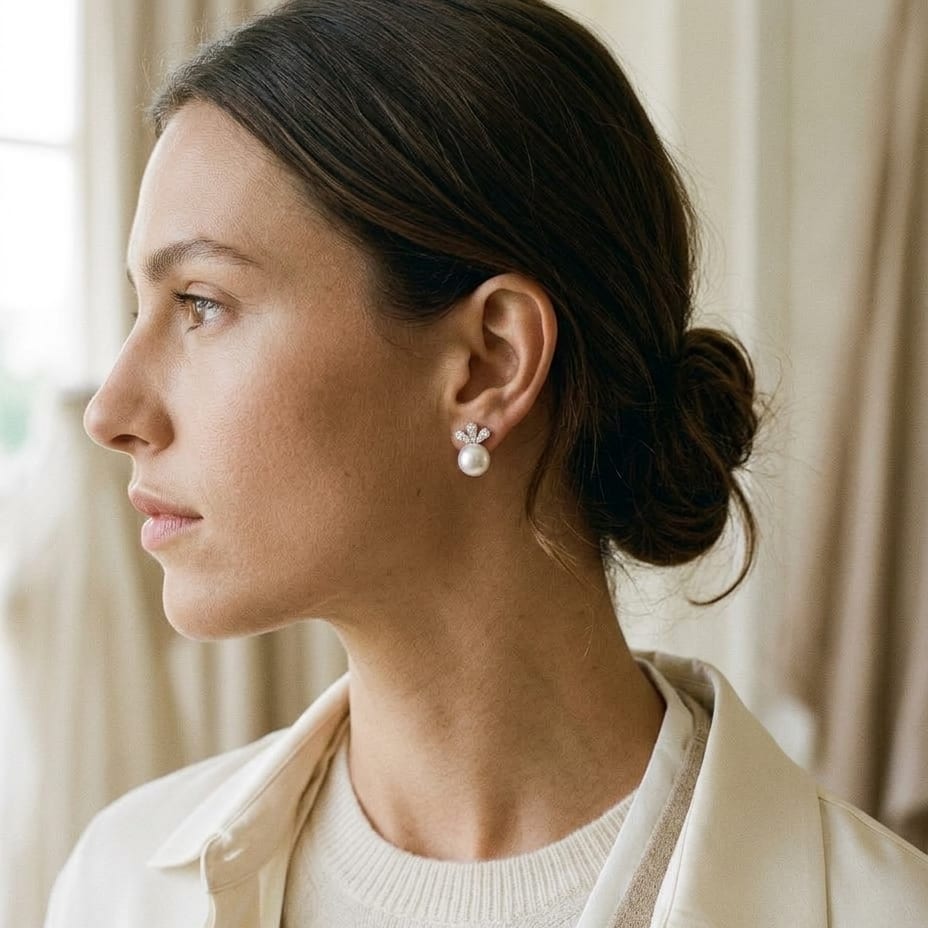 Pearl and Diamond Earrings in 14K White Gold, worn close-up portrait