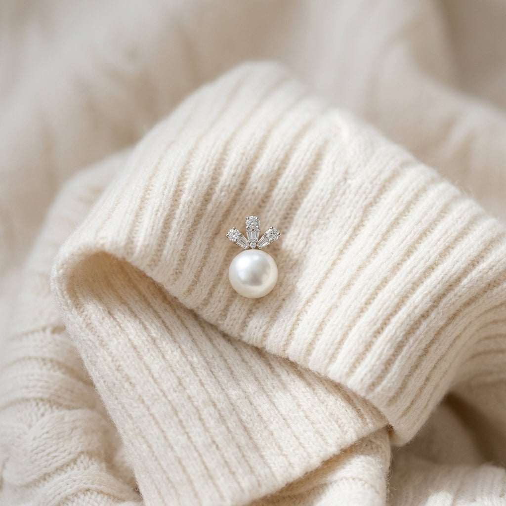 White Pearl & Diamond Earrings with Monarch Posts in 14K White Gold - flat lay