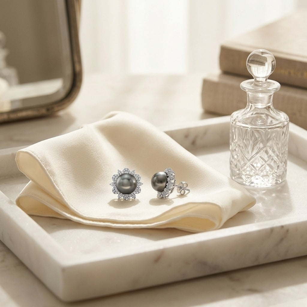Tahitian Pearl & Diamond Earrings with Arabesque Border in 14K White Gold - editorial