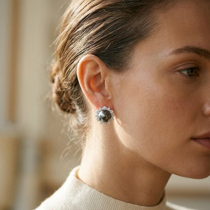 Tahitian Pearl & Diamond Earrings with Arabesque Border in 14K White Gold - lifestyle