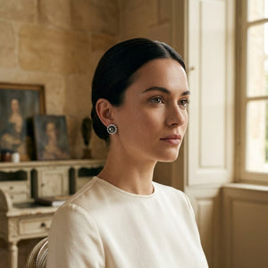 Tahitian Pearl & Diamond Earrings with Arabesque Border in 14K White Gold - on model