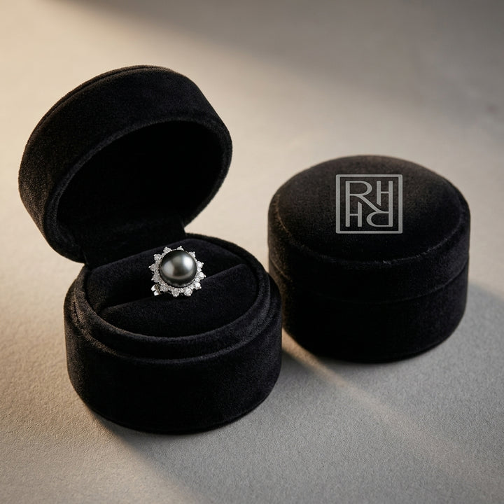 Tahitian Pearl & Diamond Earrings with Arabesque Border in 14K White Gold - presentation