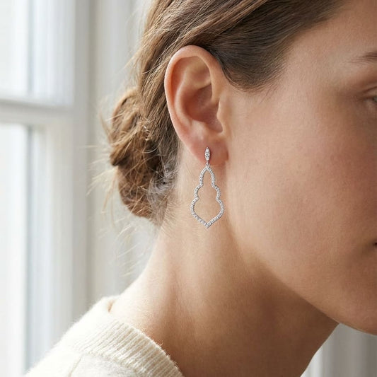Diamond Open Damask Dangle Earrings in 14K White Gold, worn close-up portrait