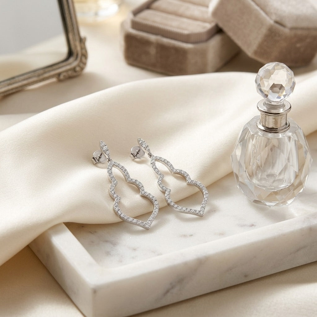 Diamond Open Damask Dangle Earrings in 14K White Gold - editorial