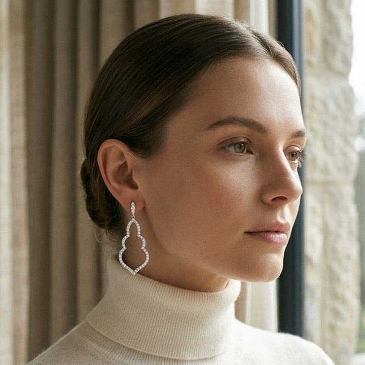 Diamond Open Damask Dangle Earrings in 14K White Gold - lifestyle