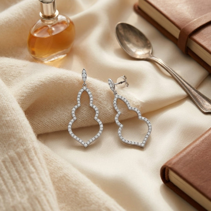 Diamond Open Damask Dangle Earrings in 14K White Gold - flat lay