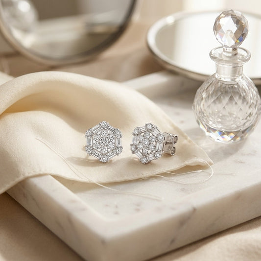 Diamond Cluster Earrings with Octagon Dangles in 14K White Gold - editorial