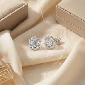 Diamond Cluster Earrings with Octagon Dangles in 14K White Gold - flat lay