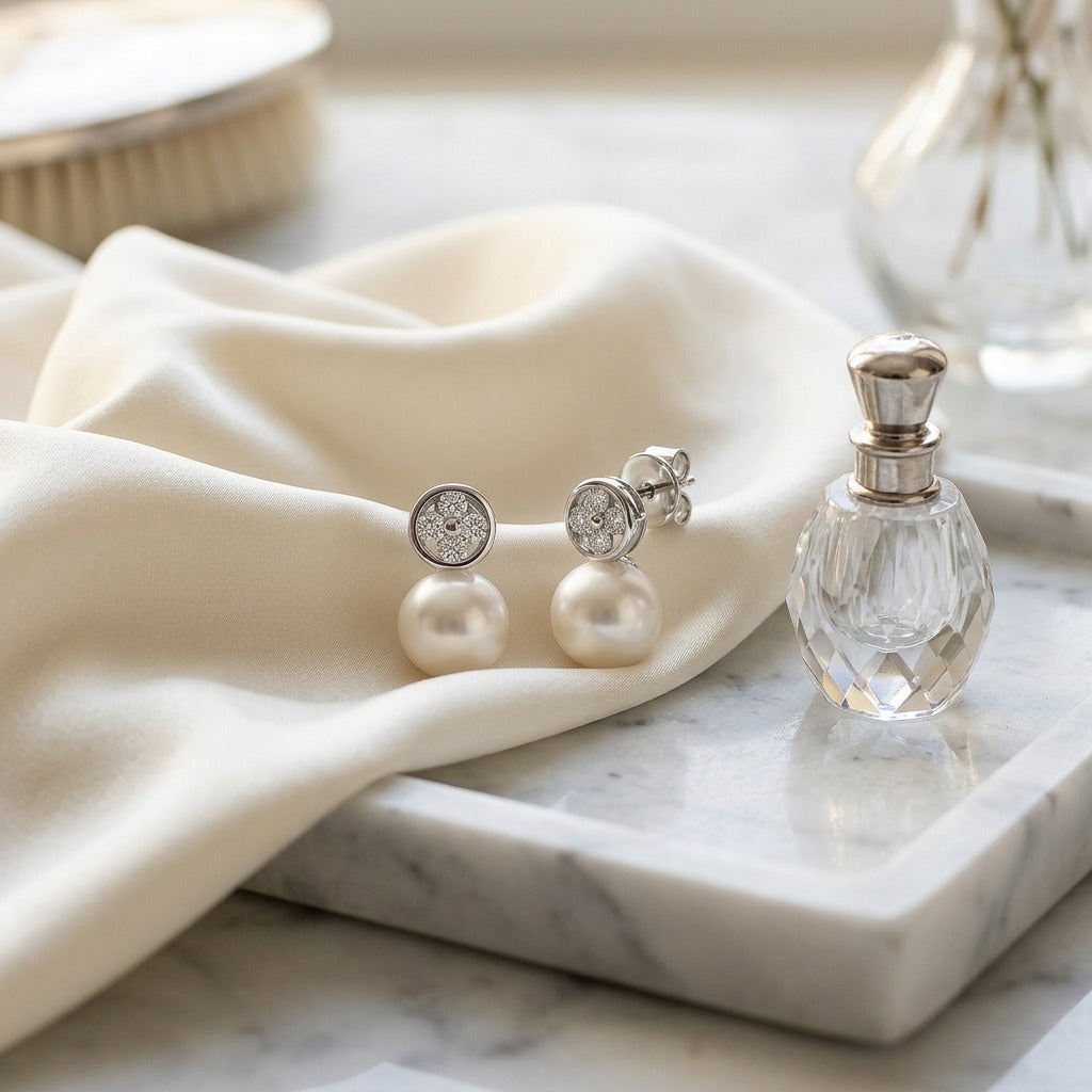 Pearl & Diamond Button Post Drop Earrings in 14K White Gold - editorial