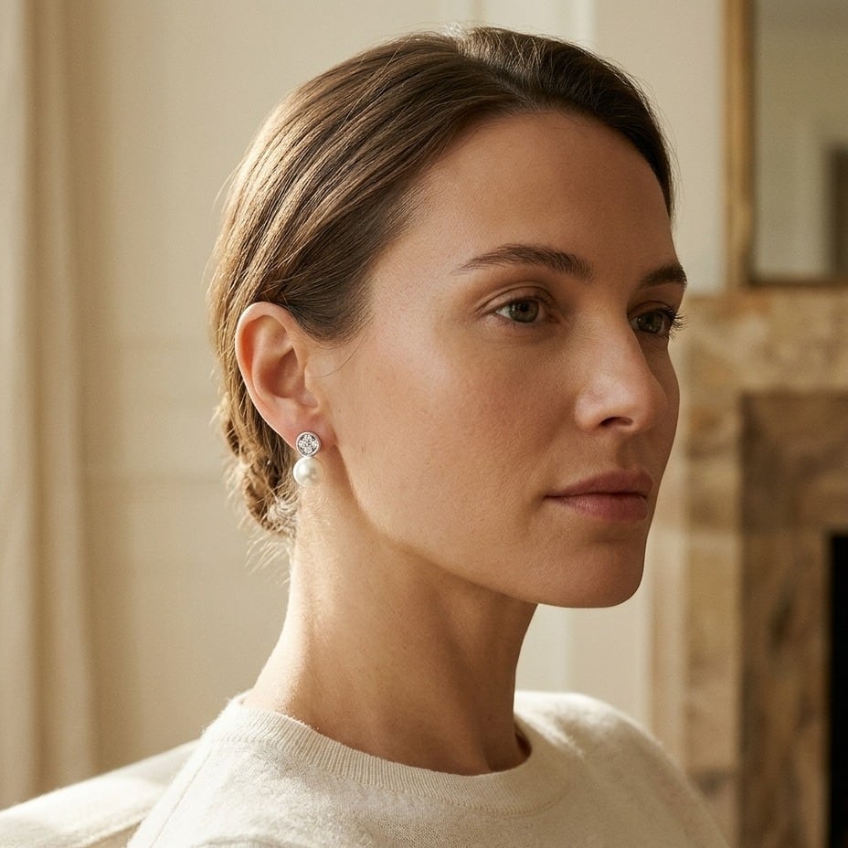 Pearl & Diamond Button Post Drop Earrings in 14K White Gold - lifestyle
