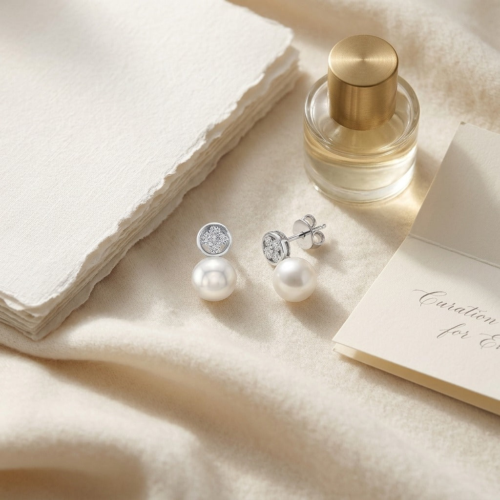 Pearl & Diamond Button Post Drop Earrings in 14K White Gold - flat lay