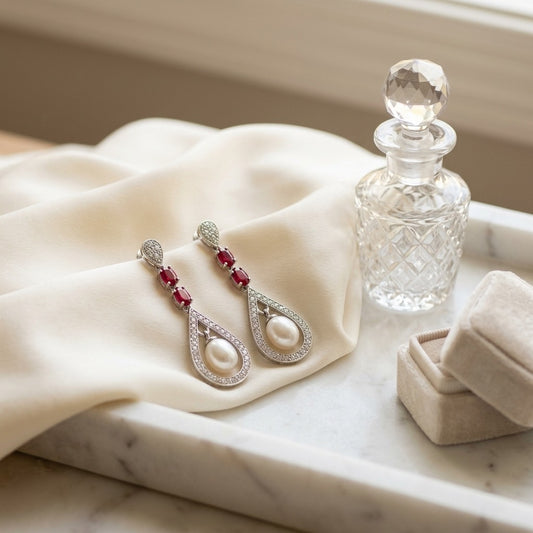 Freshwater Pearl Created Ruby & Diamond Drop Earrings 1/3ctw in 14K White Gold - editorial