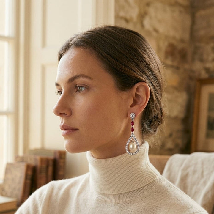 Freshwater Pearl Created Ruby & Diamond Drop Earrings 1/3ctw in 14K White Gold - lifestyle