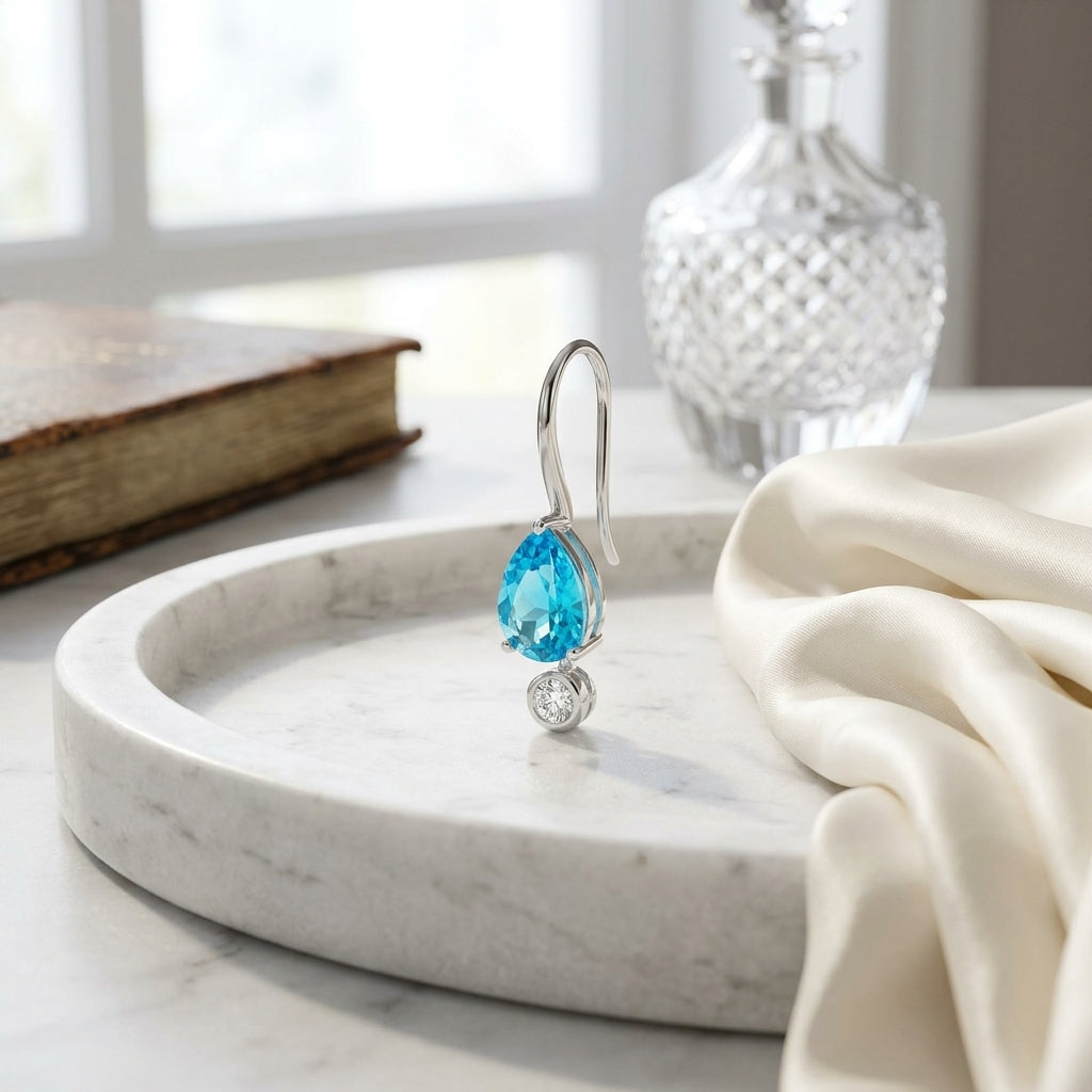 Pear Shaped Blue Topaz 7x5mm & Diamond 1/10ctw Leverback Drop Earrings Set in 14K White Gold - editorial