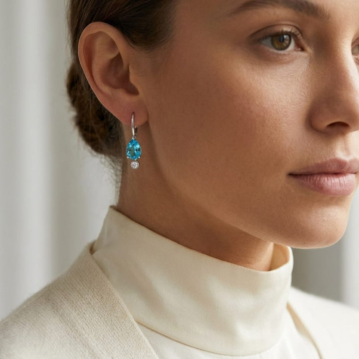 Pear Shaped Blue Topaz 7x5mm & Diamond 1/10ctw Leverback Drop Earrings Set in 14K White Gold - lifestyle