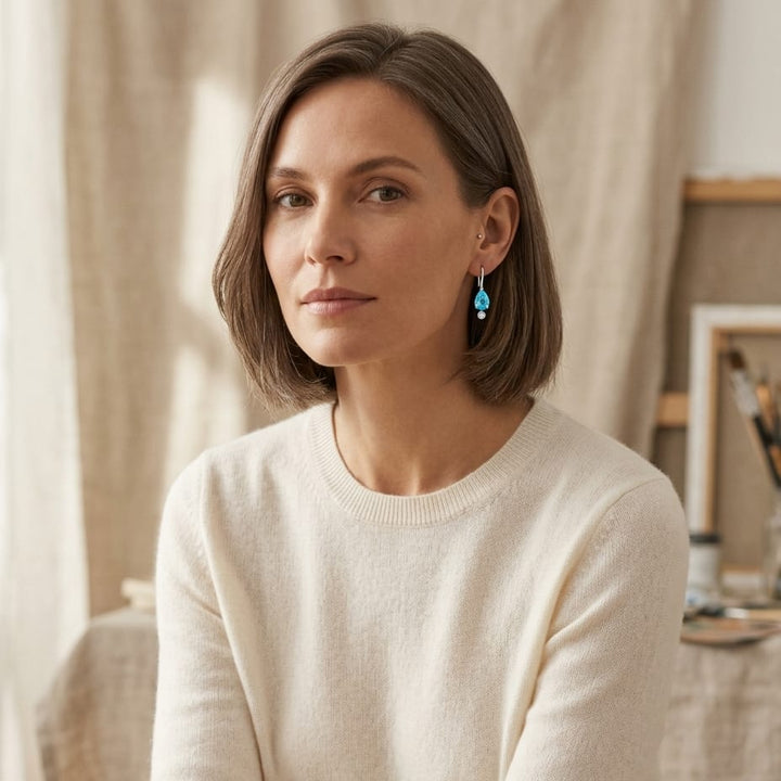 Pear Shaped Blue Topaz 7x5mm & Diamond 1/10ctw Leverback Drop Earrings Set in 14K White Gold - on model