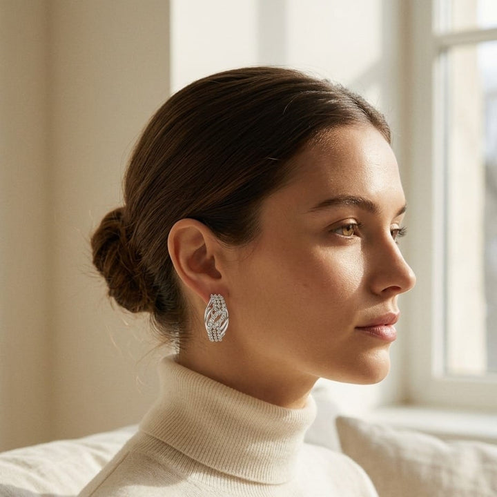 Diamond Weave Omega Back Earrings 7/8ctw in 14K White Gold - lifestyle