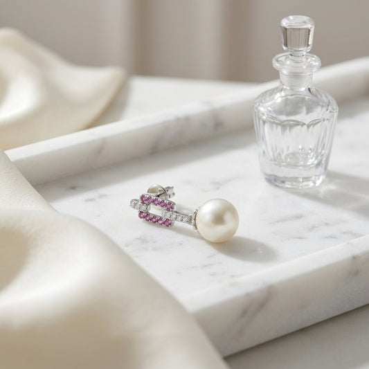 Freshwater Pearl & Pink Sapphire Earrings 0.09ctw in 14K White Gold - editorial