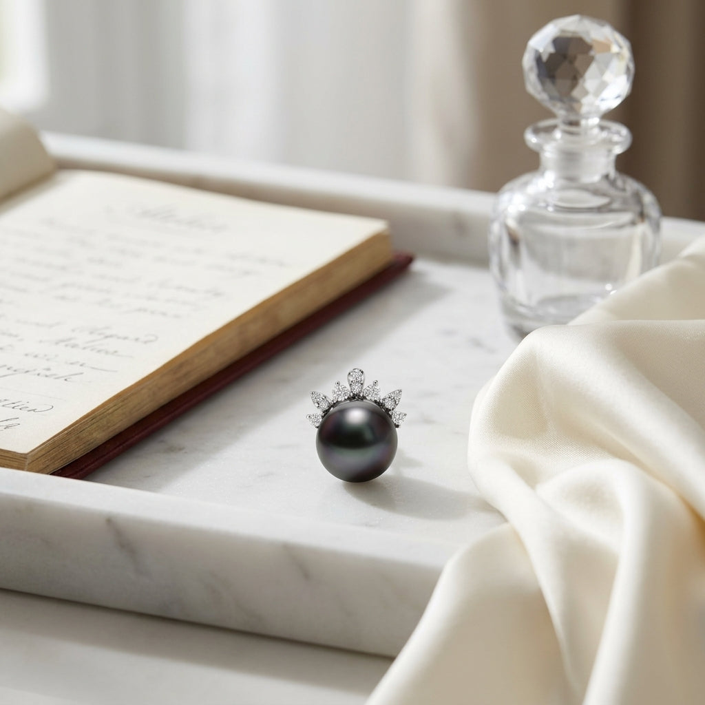 Tahitian Pearl & Diamond Flair Earrings 1/6ctw in 14K White Gold - editorial