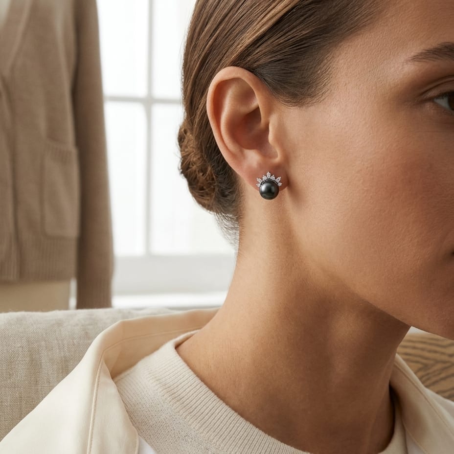 Tahitian Pearl & Diamond Flair Earrings 1/6ctw in 14K White Gold - lifestyle