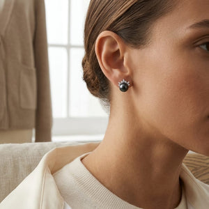 Tahitian Pearl & Diamond Flair Earrings 1/6ctw in 14K White Gold - lifestyle