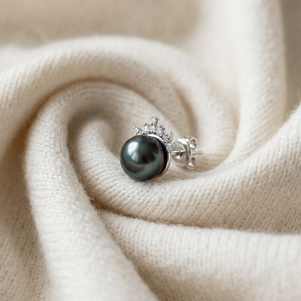 Tahitian Pearl & Diamond Flair Earrings 1/6ctw in 14K White Gold - flat lay