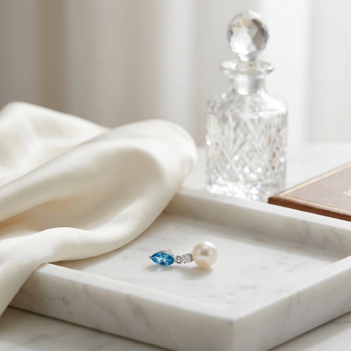 Freshwater Pearl Marquise Blue Topaz & Diamond Earring in 14K White Gold - lifestyle