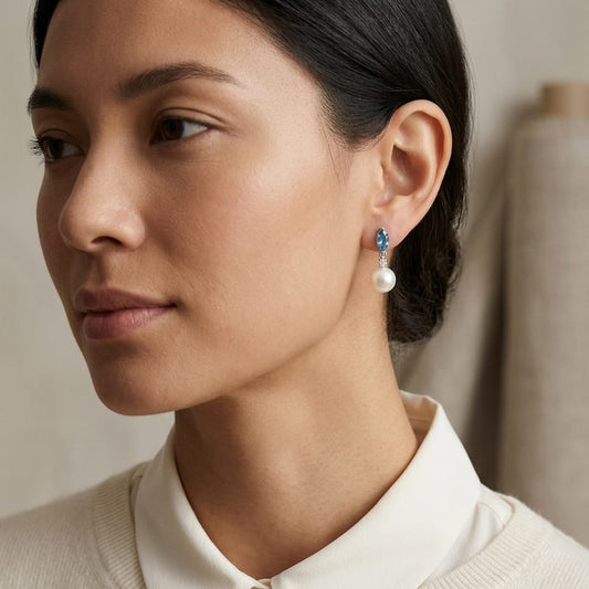 Freshwater Pearl Marquise Blue Topaz & Diamond Earring in 14K White Gold - editorial