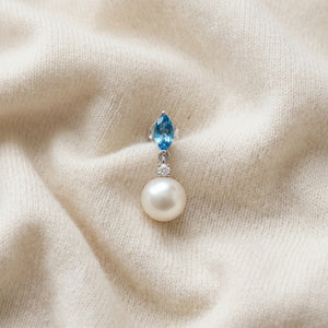 Freshwater Pearl Marquise Blue Topaz & Diamond Earring in 14K White Gold - flat lay