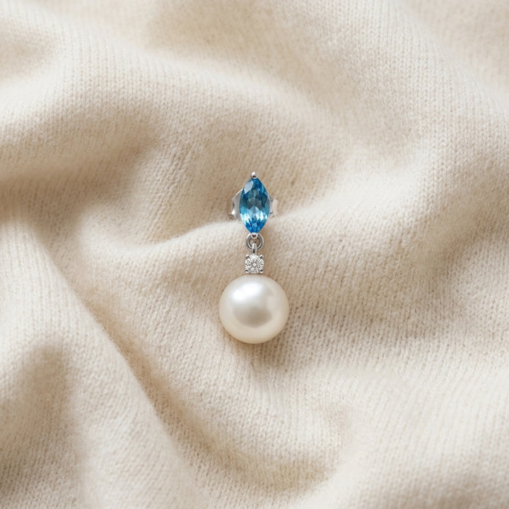 Freshwater Pearl Marquise Blue Topaz & Diamond Earring in 14K White Gold - flat lay