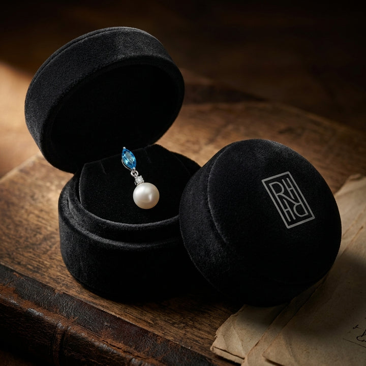 Freshwater Pearl Marquise Blue Topaz & Diamond Earring in 14K White Gold - presentation