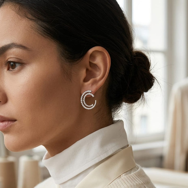 Diamond Crescent Earrings 3/4ctw in 14K White Gold - lifestyle