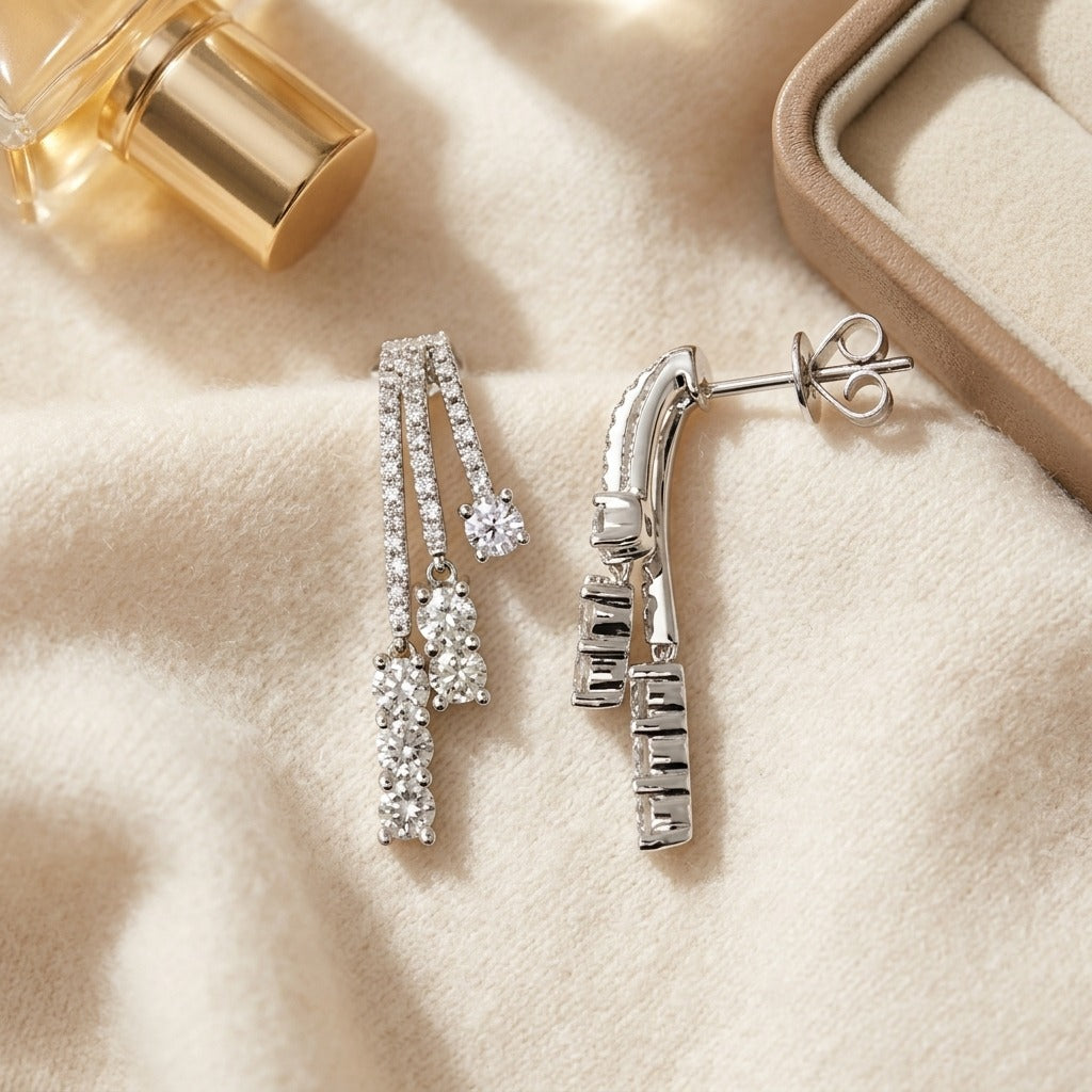 Diamond Three Strand Flair Earrings in 14K White Gold - flat lay