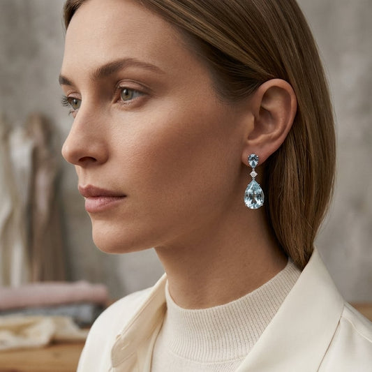 Swiss Blue Topaz, London Blue Topaz Pear Shape & Diamond Drop Earrings 0.02ctw in 14K White Gold - editorial