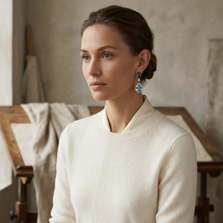 Swiss Blue Topaz, London Blue Topaz Pear Shape & Diamond Drop Earrings 0.02ctw in 14K White Gold - on model