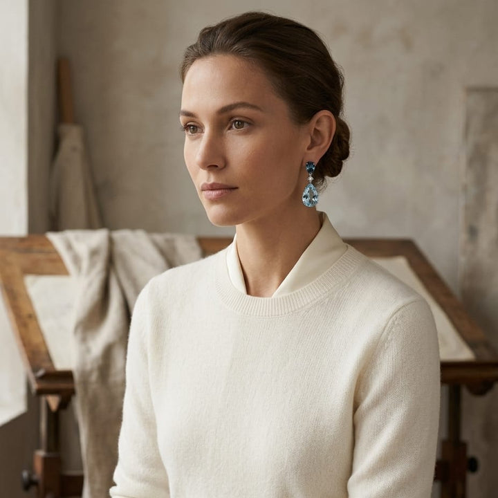 Swiss Blue Topaz, London Blue Topaz Pear Shape & Diamond Drop Earrings 0.02ctw in 14K White Gold - on model