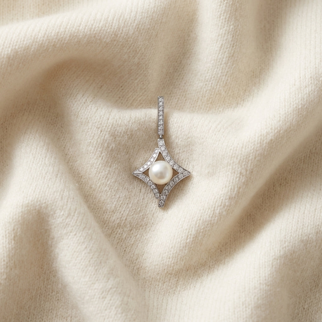 Akoya Pearl & Diamond Kite Earrings 1/3ctw in 14K White Gold - flat lay