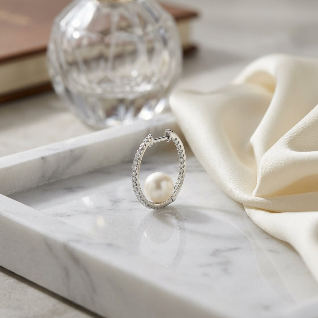 Cultured Pearl & Diamond Inside Out Hoop Earrings 1/3ctw in 14K White Gold - editorial