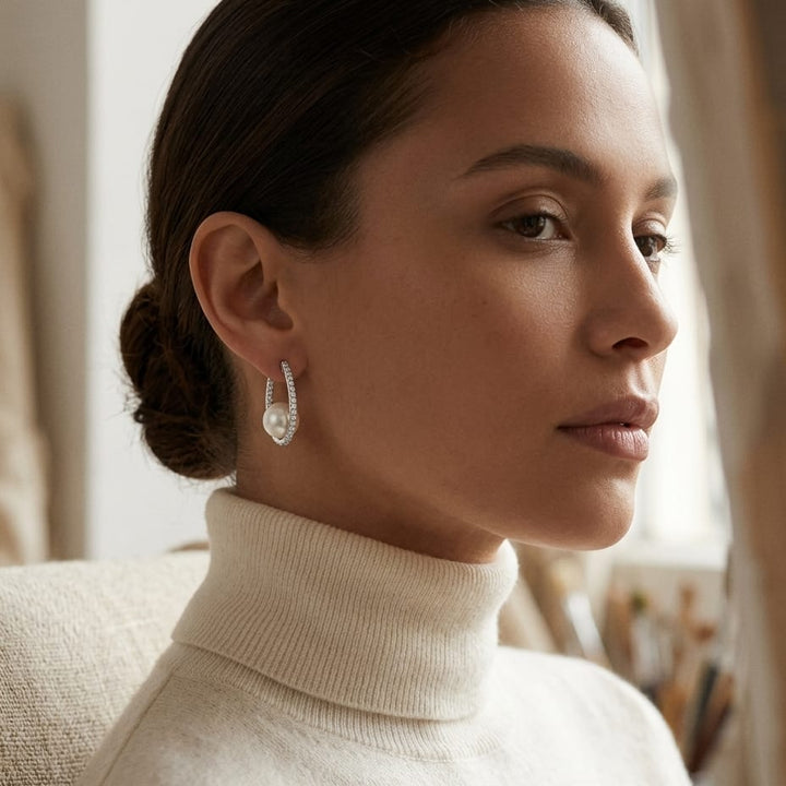 Cultured Pearl & Diamond Inside Out Hoop Earrings 1/3ctw in 14K White Gold - lifestyle