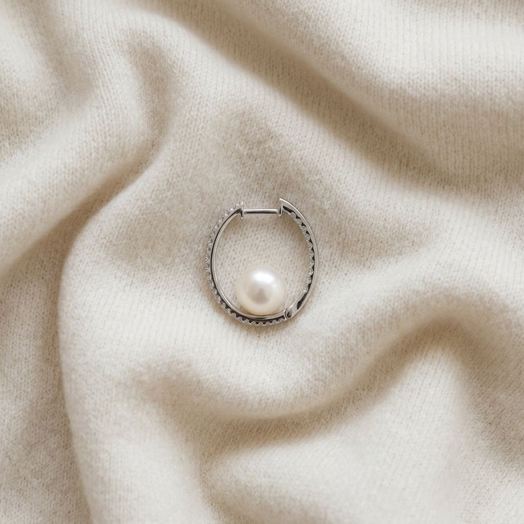 Cultured Pearl & Diamond Inside Out Hoop Earrings 1/3ctw in 14K White Gold - flat lay