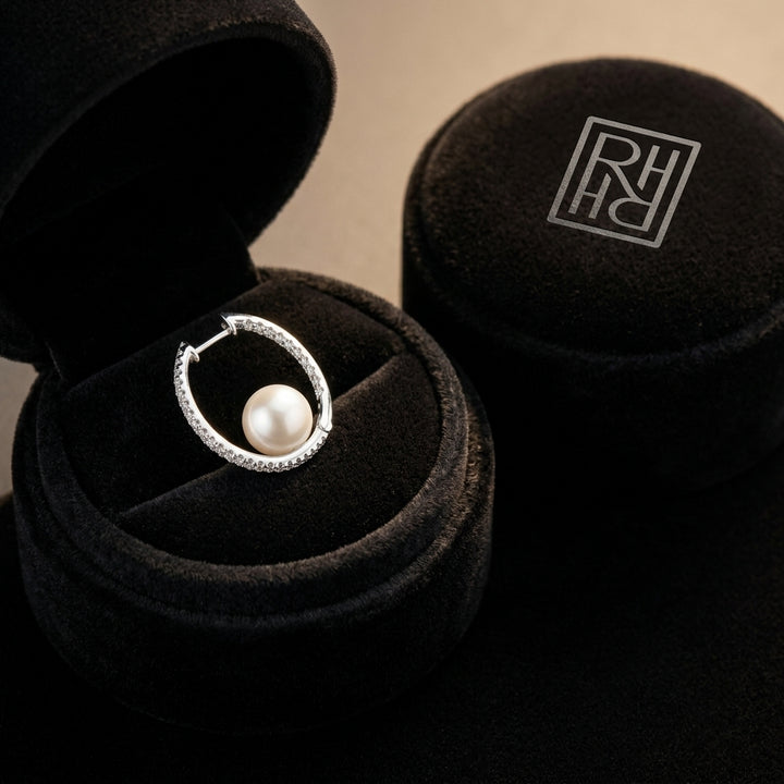 Cultured Pearl & Diamond Inside Out Hoop Earrings 1/3ctw in 14K White Gold - presentation