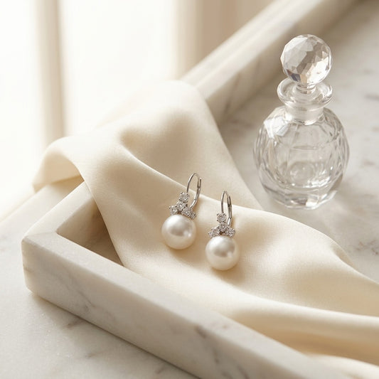 Freshwater Pink Pearl & Diamond Leverback Earrings 1/2ctw in 14K White Gold - editorial